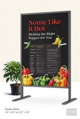 Promotional poster for pepper selection guide with colorful peppers and text on a black background.